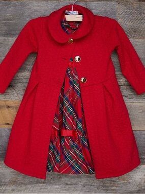 Girls' Red Plaid Trim Formal Dress Coat